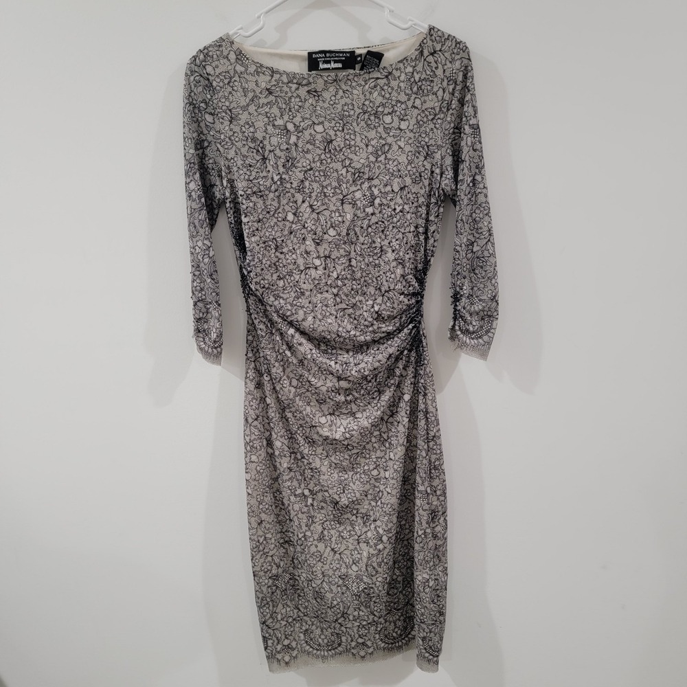 Danaβ Buchman For Neiman Marcus Ruched Midi Dress Small Beaded Floral Evening